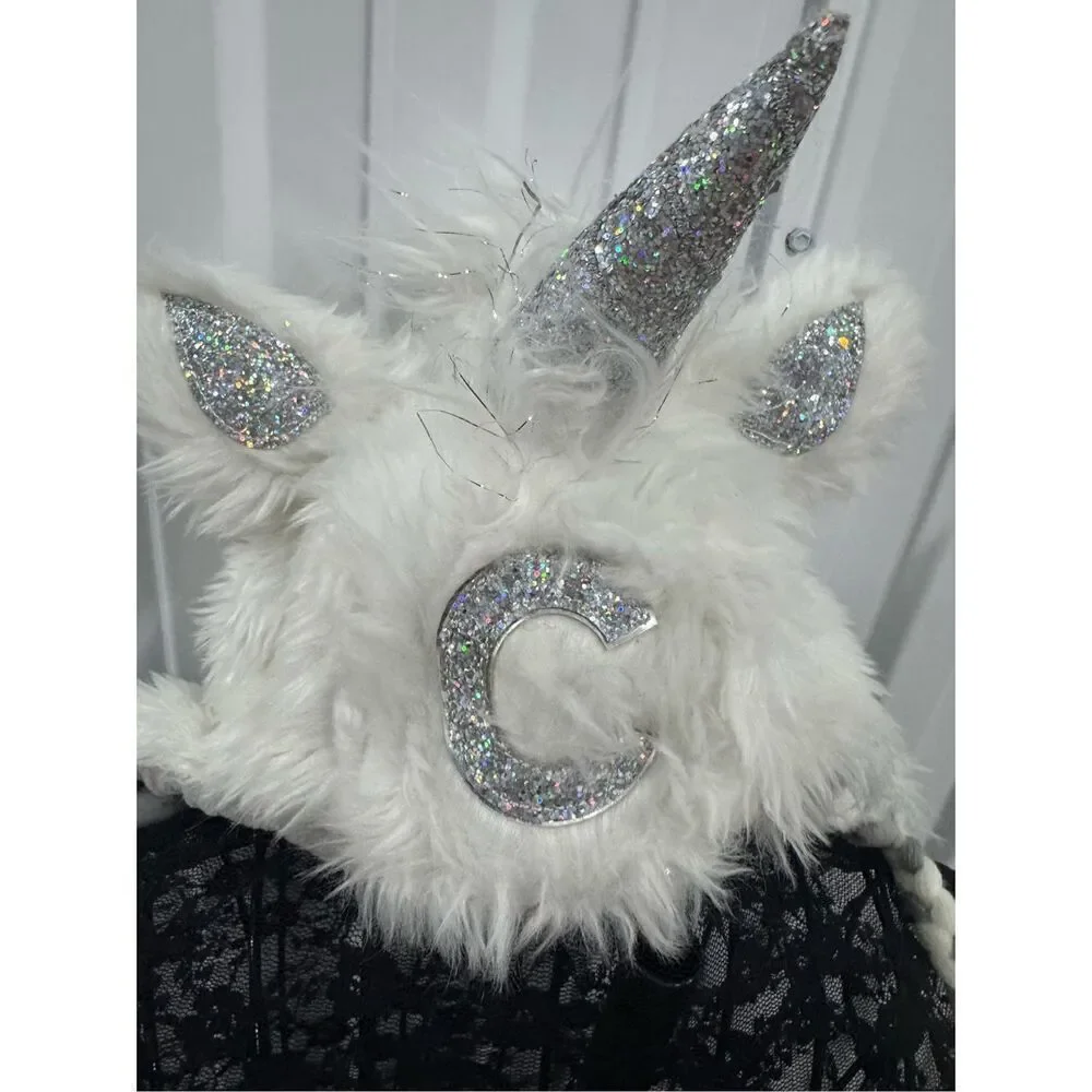 Justice girls white unicorn sparkle novelty hoodie hat initial C